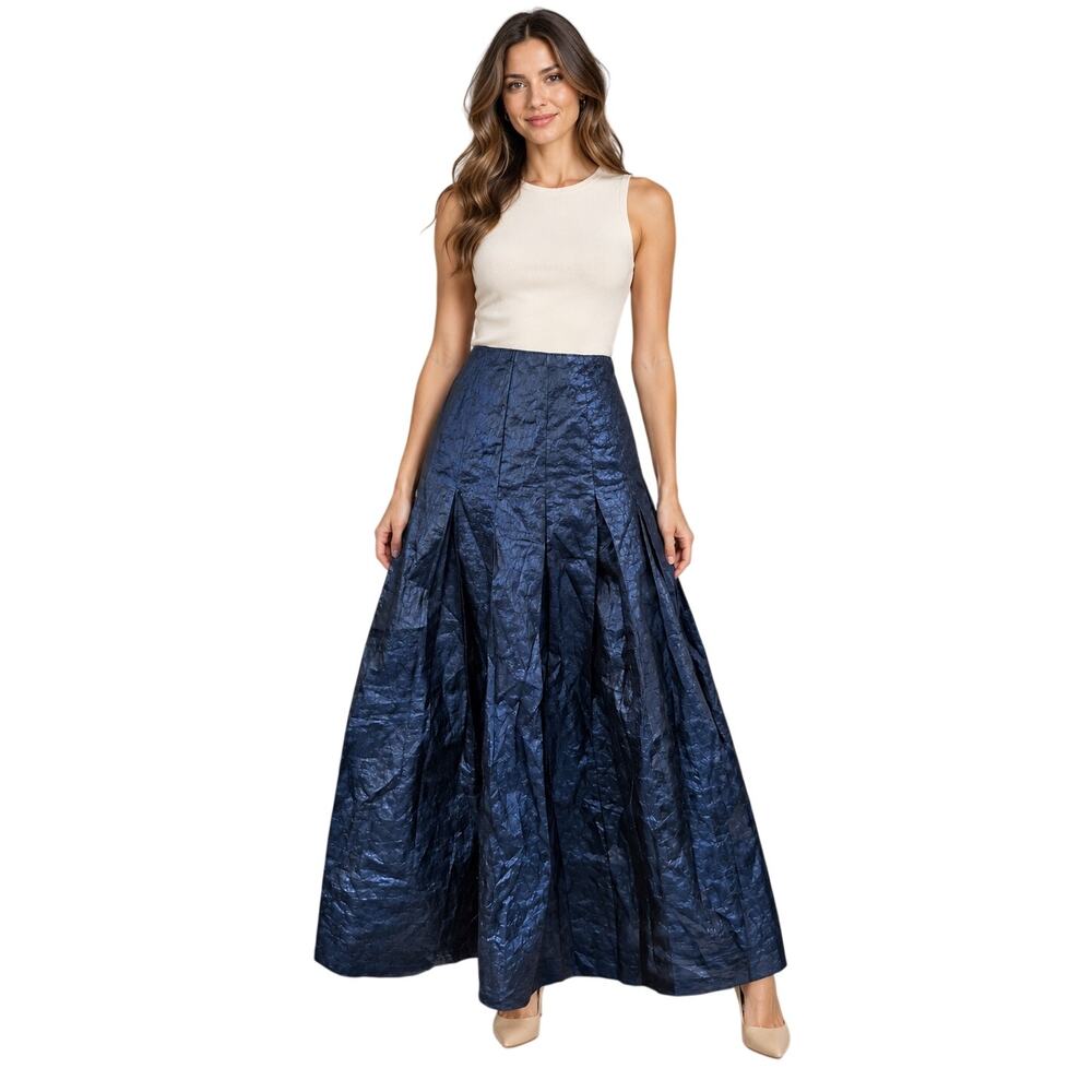 Coach Navy Blue Metallic Pleated Maxi Skirt, Full Length Formal, Size 0